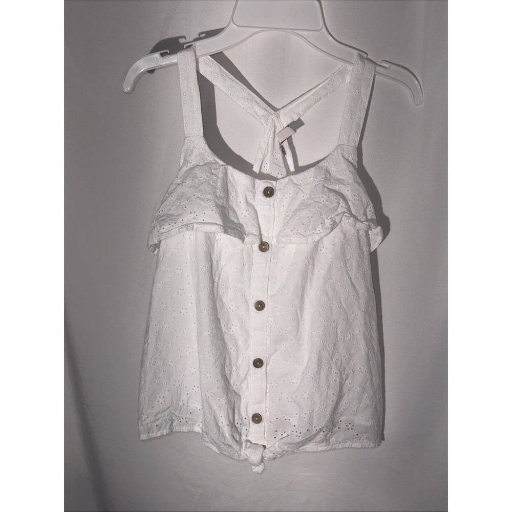 SO Girls Eyelet Tank Top Size XL 14/16 Buttons Ruffle Tie‎ Boho Cottage Core
